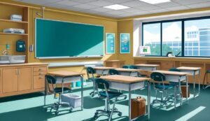 An empty classroom with desks, a chalkboard, and a large window
