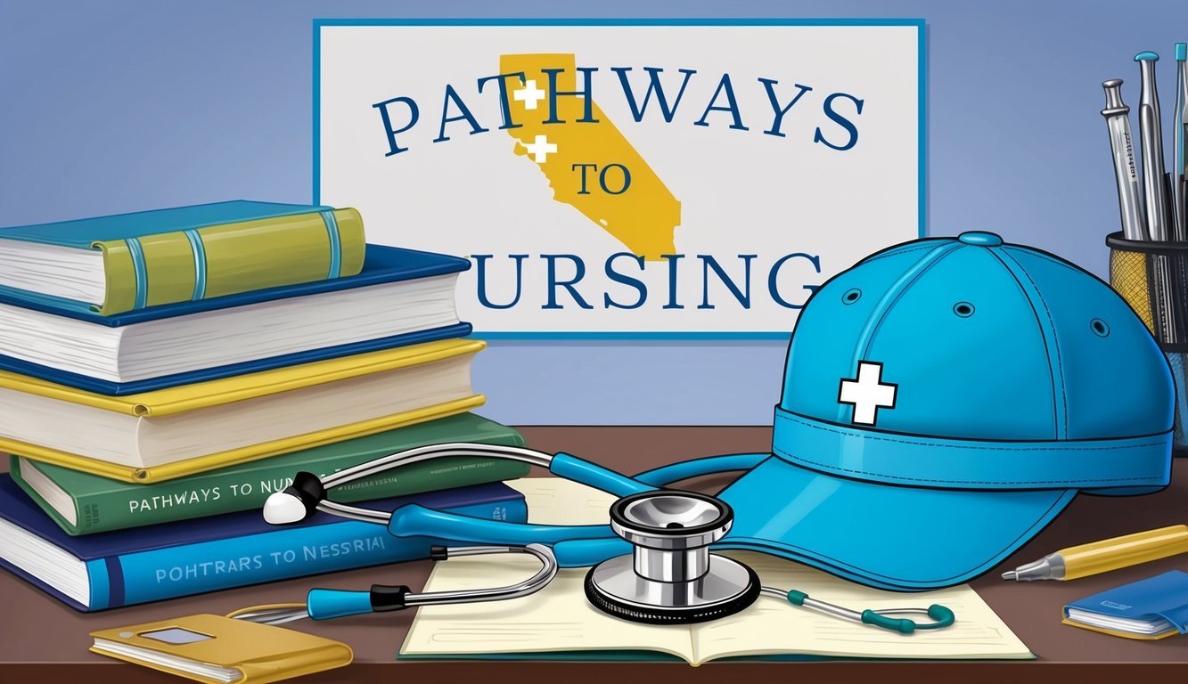 A stethoscope and nursing cap lie on a desk, surrounded by textbooks and medical equipment.</p><p>A sign reads "Pathways to Nursing" above a map of Nevada