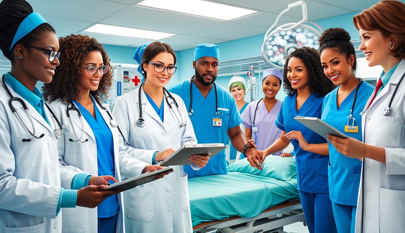 A group of nursing students in Nevada engaged in clinical training at a hospital, working alongside experienced nurses and doctors