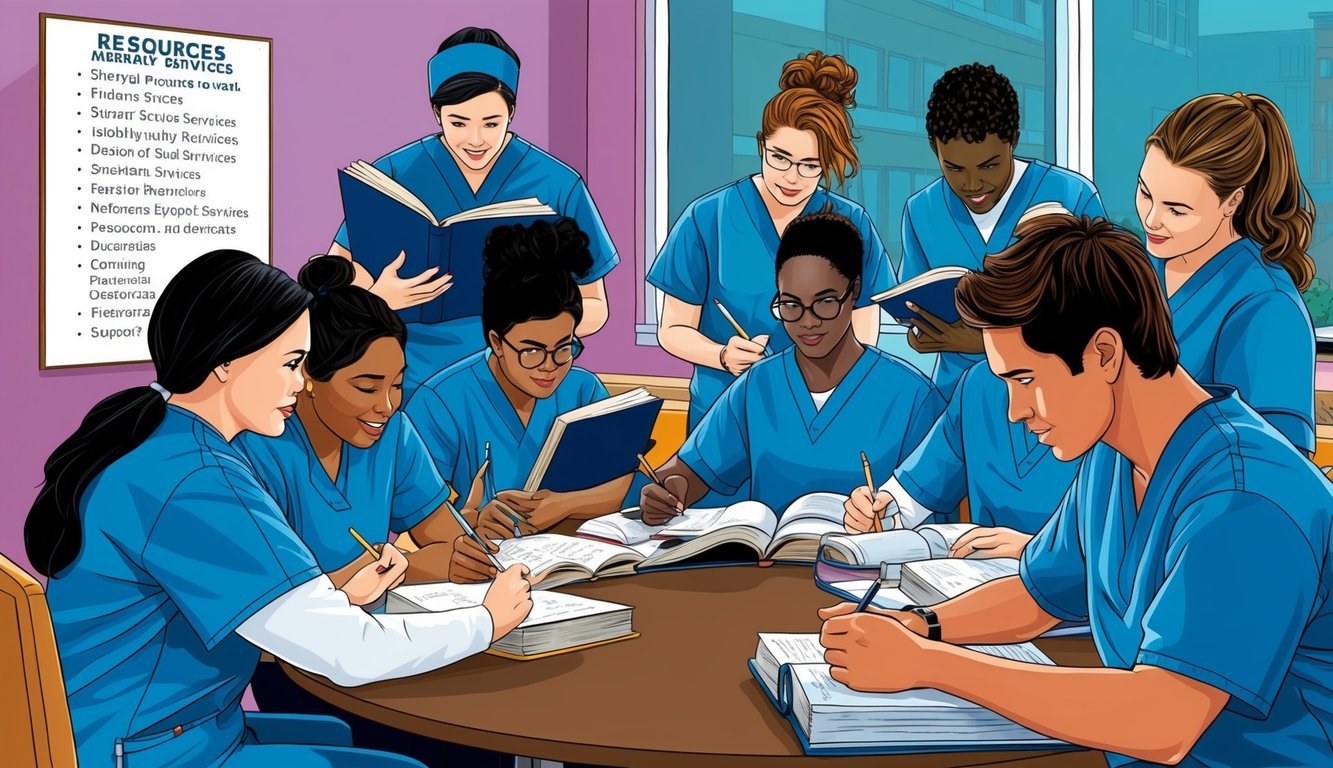 A group of students in nursing scrubs gather around a table, studying textbooks and taking notes.</p><p>A poster on the wall lists resources and support services available to them