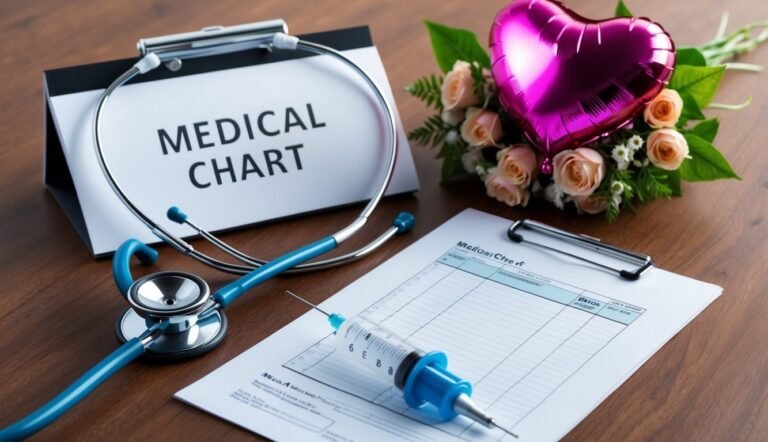 Medical chart, stethoscope, syringe, flowers, and heart balloon on a table