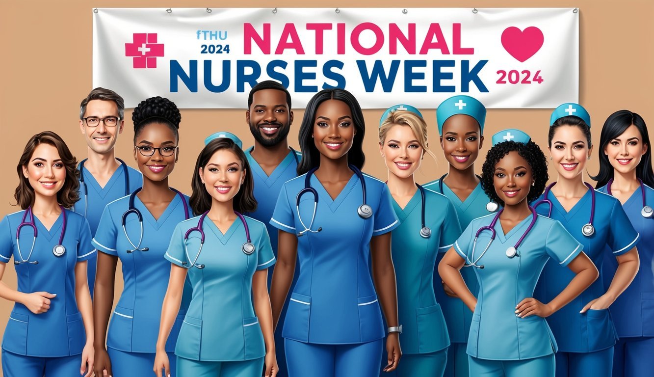 A group of nurses standing together, wearing their uniforms and stethoscopes, with a large banner overhead celebrating National Nurses Week 2024