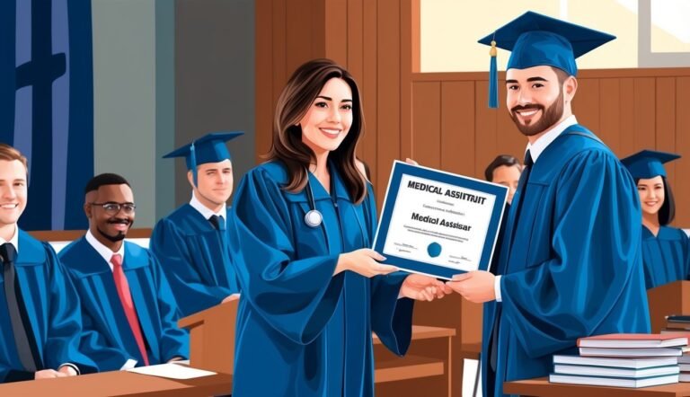 Graduates in blue gowns at a medical assistant graduation ceremony, diploma presented