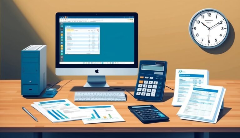 Desk with computer, calculators, documents, and a clock on the wall