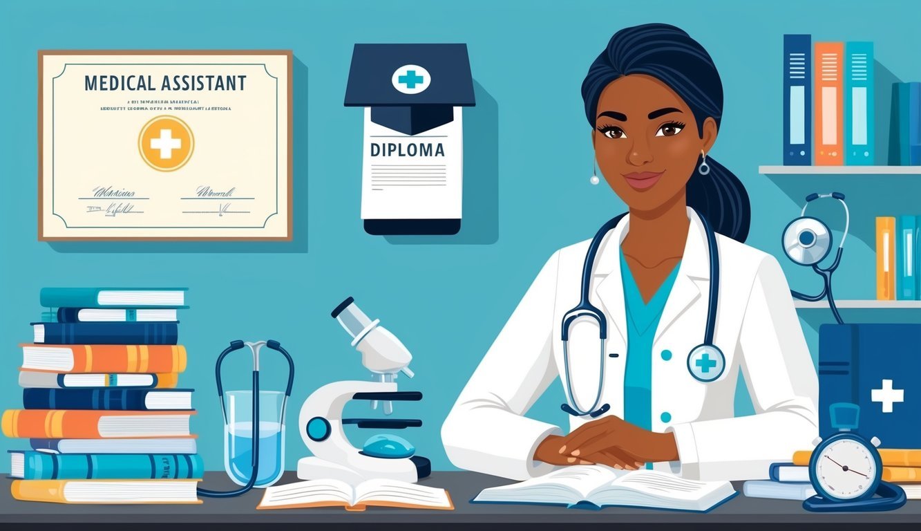 A medical assistant in a lab coat and stethoscope, surrounded by medical equipment and textbooks, with a diploma on the wall