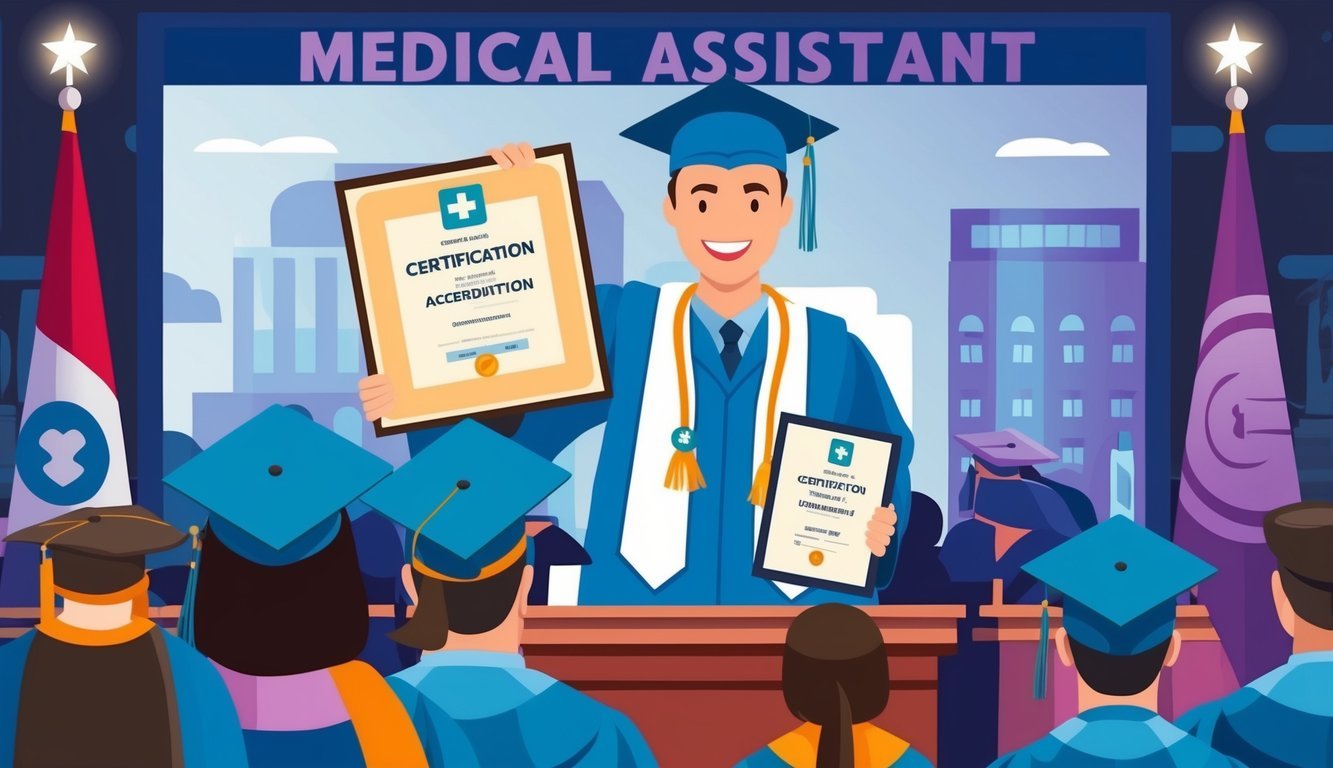 A medical assistant receiving a certification and accreditation degree at a graduation ceremony