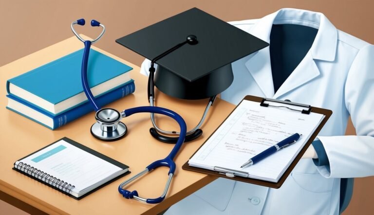 Stethoscope, books, graduation cap, and clipboard on a table, medical school concept