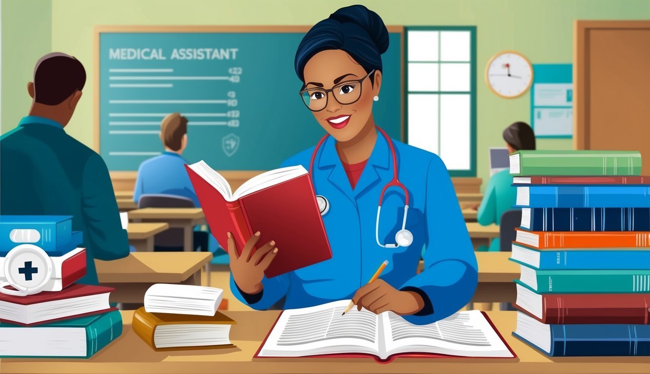 A medical assistant studying textbooks and medical equipment in a classroom setting