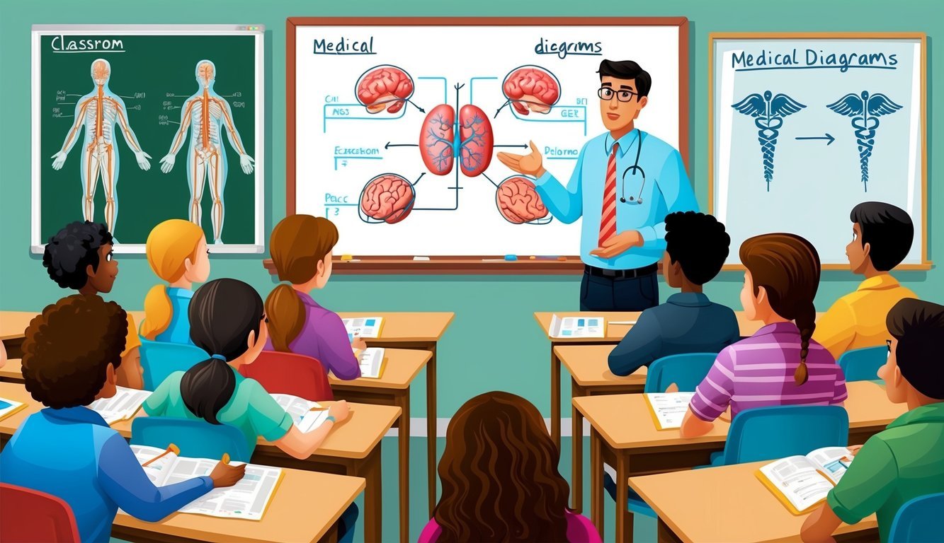 A classroom setting with a whiteboard and medical diagrams.</p><p>A teacher stands at the front, explaining concepts to a group of attentive students