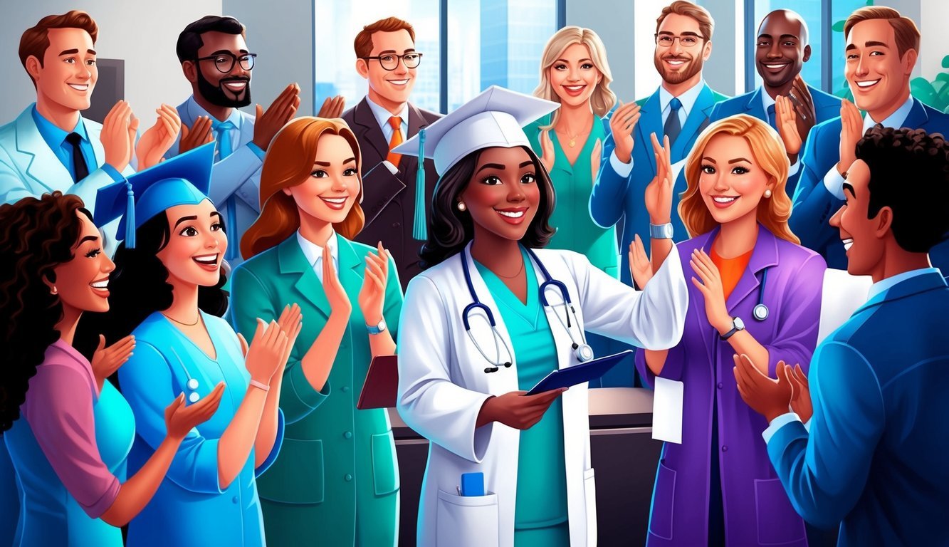 A medical assistant receiving a diploma at a graduation ceremony, surrounded by colleagues and family members cheering and applauding