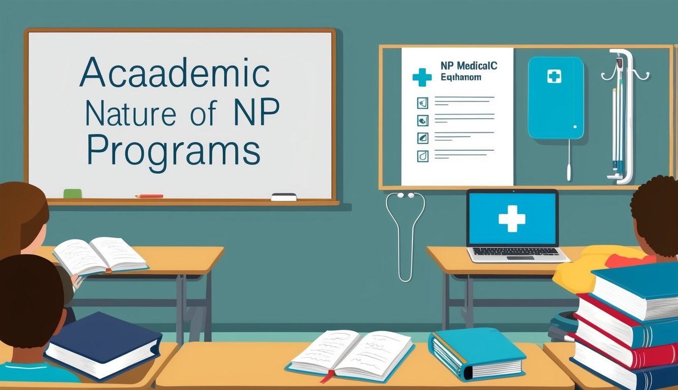 A classroom setting with a whiteboard, textbooks, and medical equipment, indicating the academic nature of NP programs