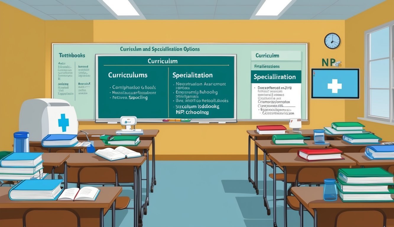 A classroom setting with textbooks, medical equipment, and a whiteboard displaying curriculum and specialization options for NP schooling