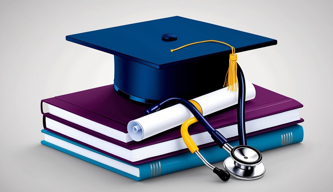A graduation cap and diploma resting on a stack of textbooks, with a stethoscope draped over the books