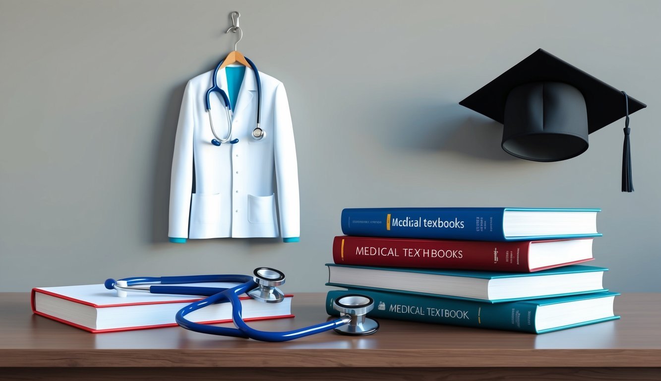 A stethoscope and medical textbooks on a desk, with a graduation cap hanging on the wall
