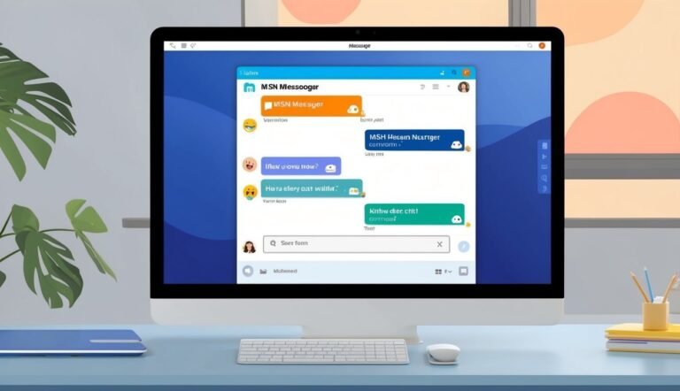 Desktop computer showing an MSN Messenger chat window on a blue desk