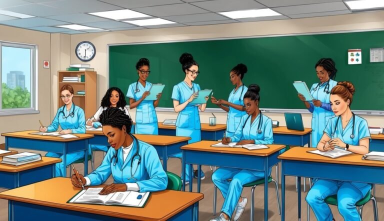 Nursing students in scrubs studying in a classroom with desks and a chalkboard