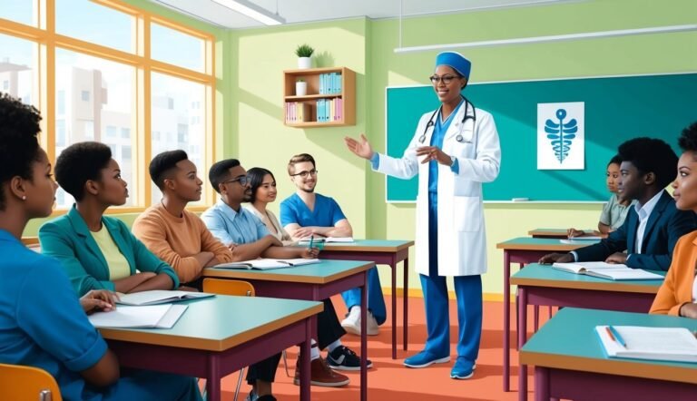 Medical instructor in scrubs teaching a diverse group of students in a classroom