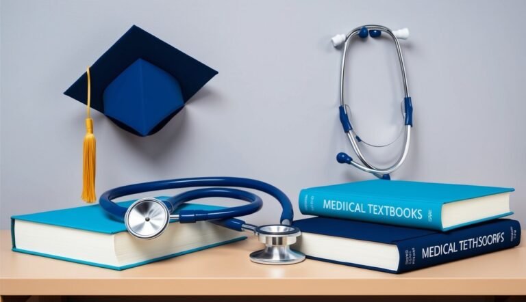 Graduation cap, stethoscope, and medical textbooks on a wooden surface
