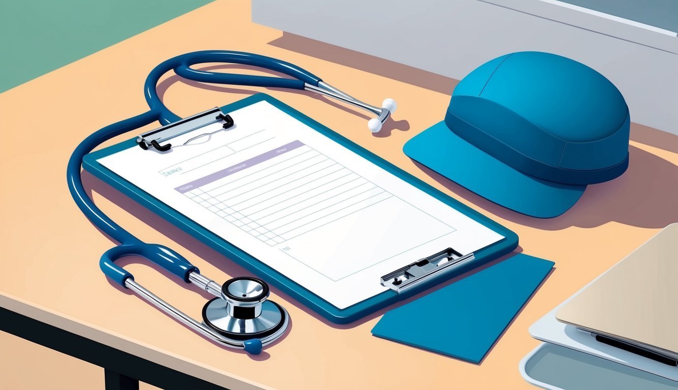 A blue stethoscope, clipboard, and cap on a light brown desk