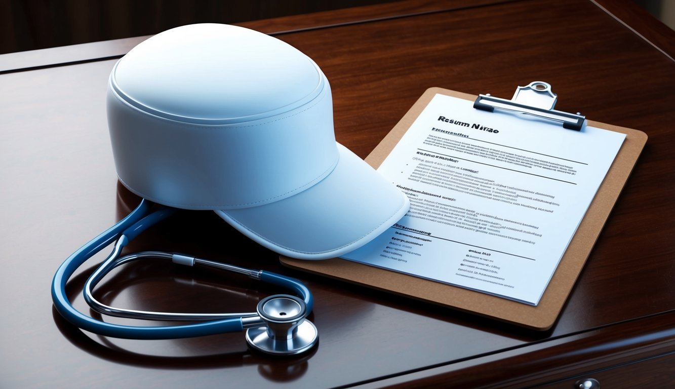 A stethoscope draped over a clean, white nursing cap on a polished wooden desk.</p><p>A clipboard with a neatly organized resume template sits next to it