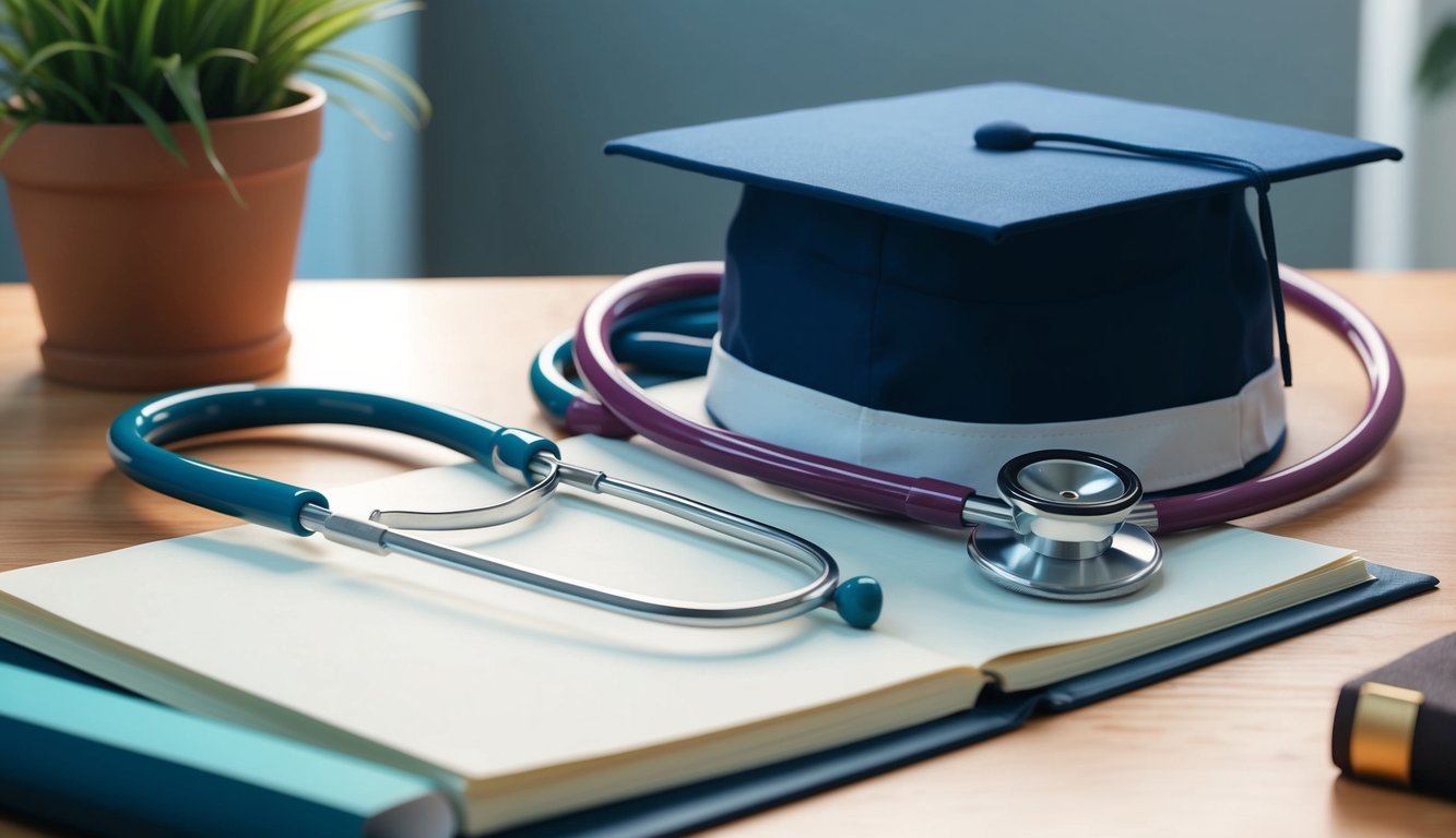 A stethoscope, nursing cap, and diploma on a desk