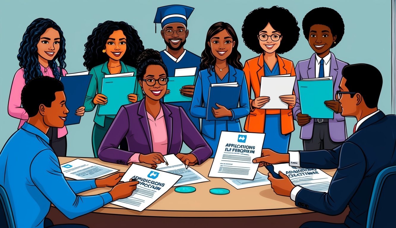A group of diverse students submitting applications to a nurse practitioner program, while an admissions officer reviews and accepts a few