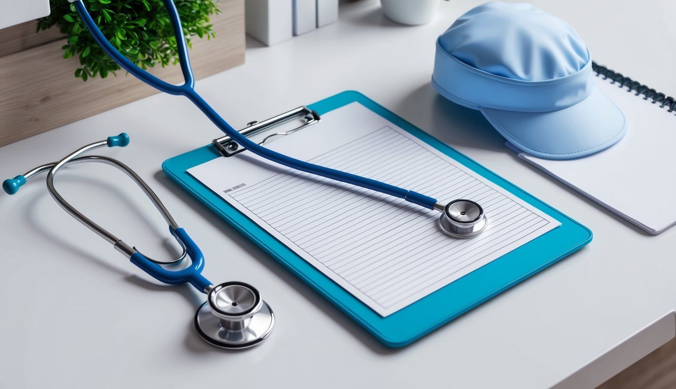 A stethoscope, medical clipboard, and nursing cap on a clean, organized desk