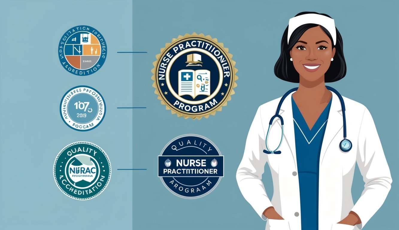 A nurse practitioner program seal displayed next to quality indicators and accreditation logos