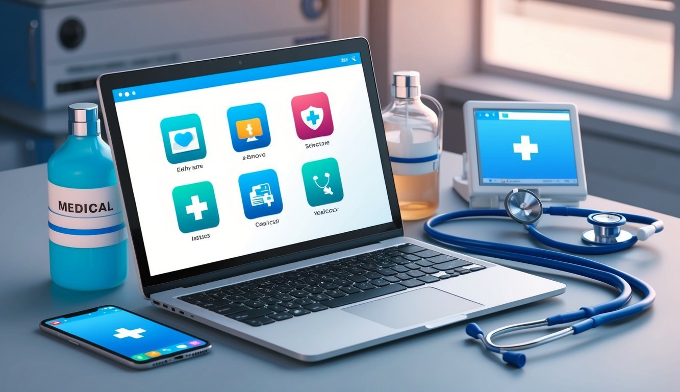 A laptop displaying various software icons surrounded by medical equipment and a stethoscope