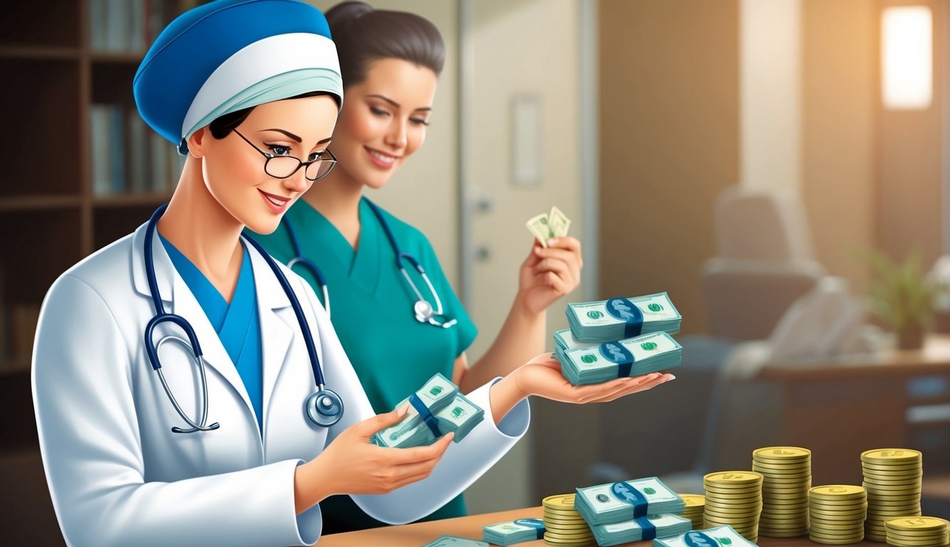 A nurse practitioner counting money and receiving financial support