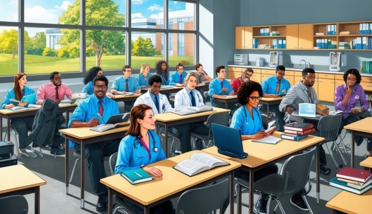 Medical students in a classroom, studying with books and laptops, large windows