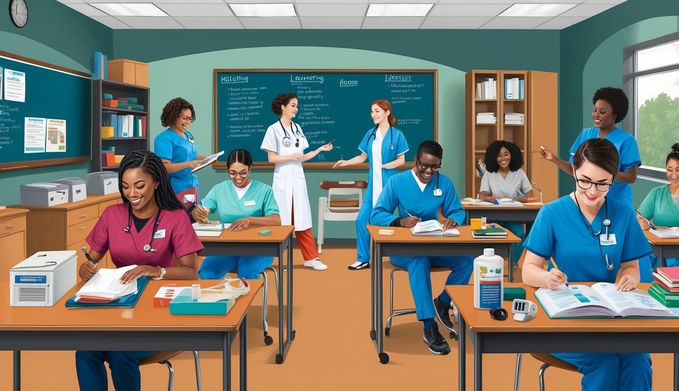 A classroom setting with various nursing program materials, equipment, and students engaged in learning activities