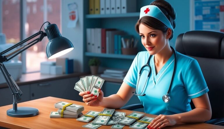 Nurse with money, stacks of cash on desk, illuminated by a lamp