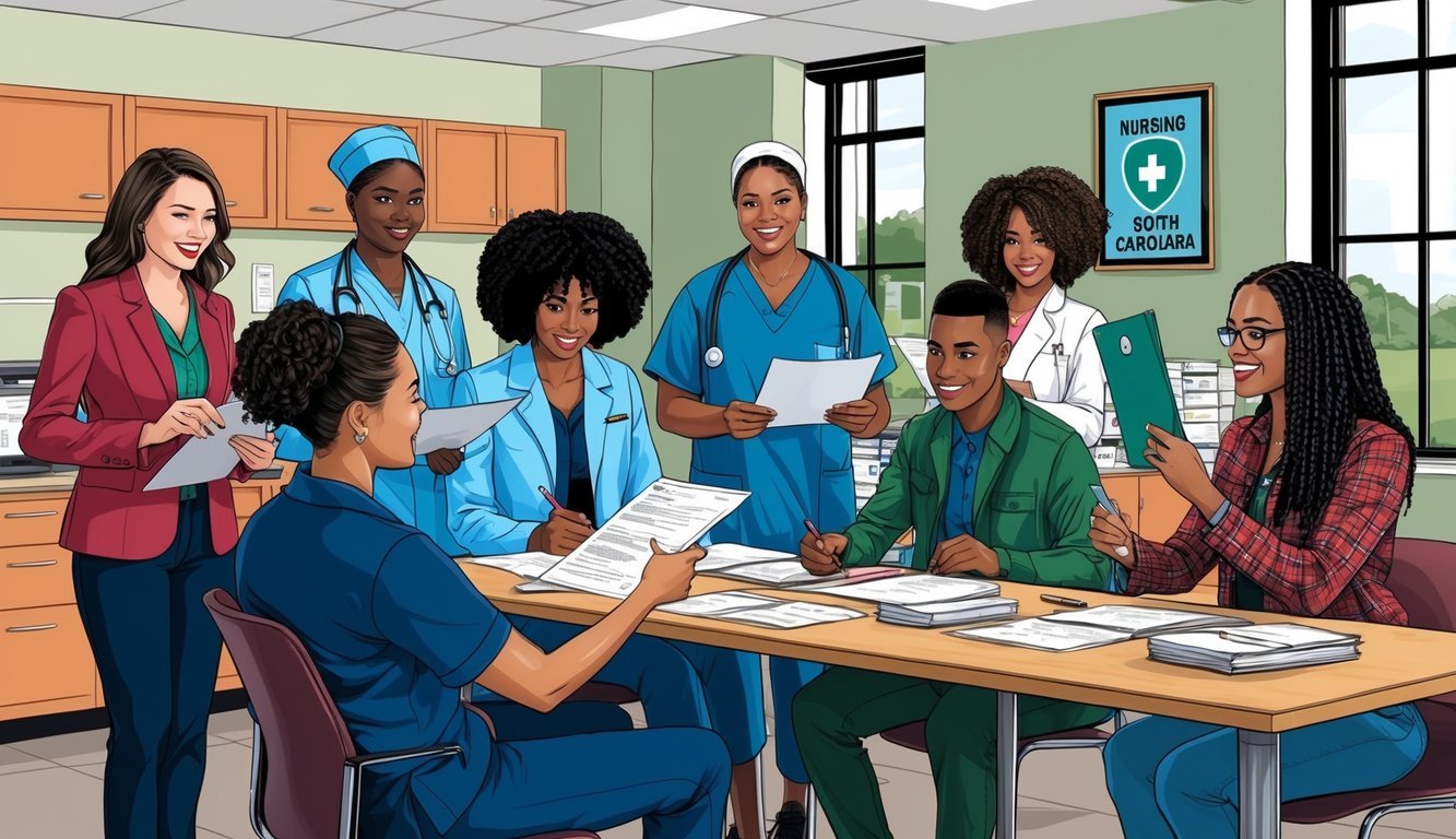 A group of students submitting applications and transcripts to a nursing school office in South Carolina