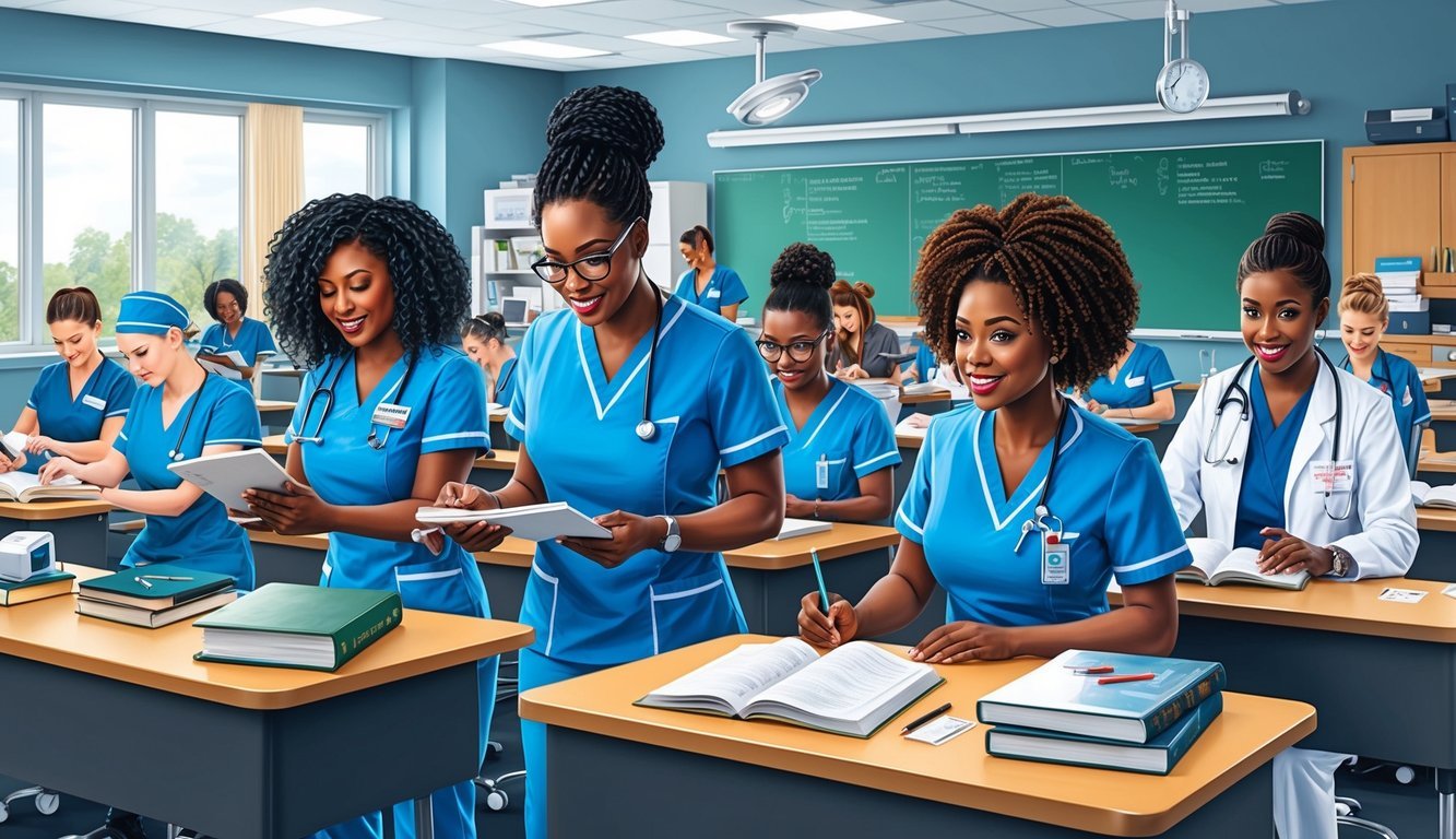 A classroom filled with nursing students and instructors, engaged in hands-on clinical education activities, surrounded by medical equipment and textbooks