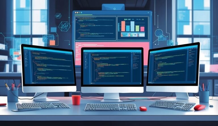 Three computer monitors displaying code on a desk with keyboards and mice