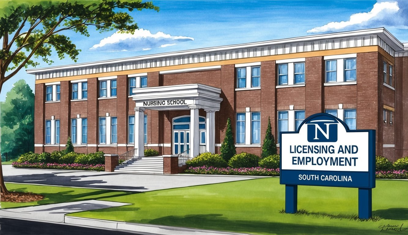 A nursing school building with a "Licensing and Employment" sign in South Carolina