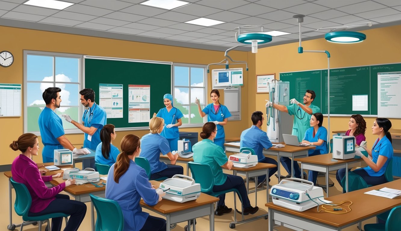 A classroom with medical equipment, charts, and instructors demonstrating procedures to students