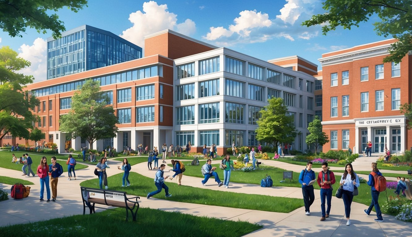 A bustling campus with diverse buildings and students engaged in various activities, surrounded by greenery and academic signage