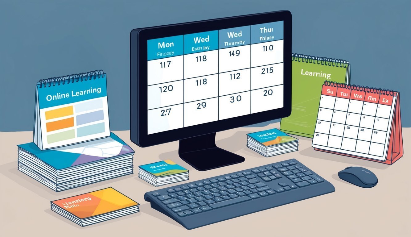 Desk with computer, calendars, keyboard, mouse, and learning materials