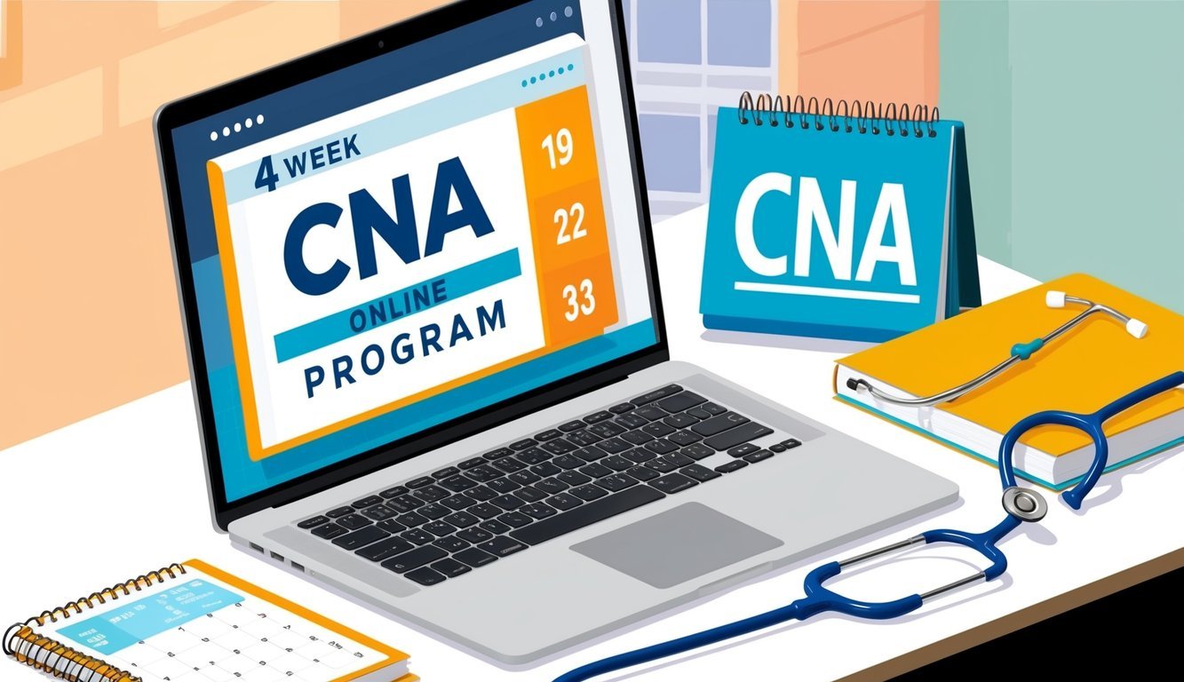 A computer screen displaying a 4-week online CNA program with a calendar, textbook, and stethoscope nearby