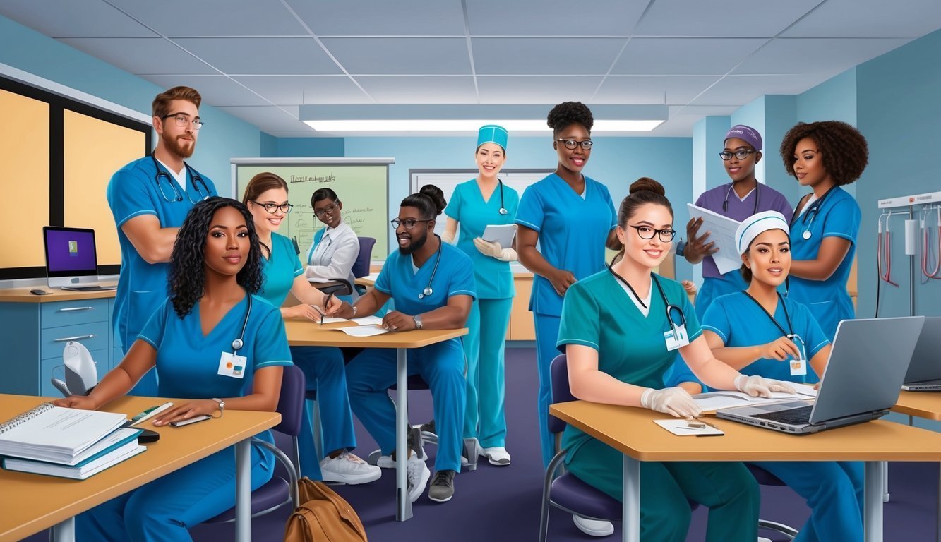 Group of diverse nurses in scrubs in a classroom setting