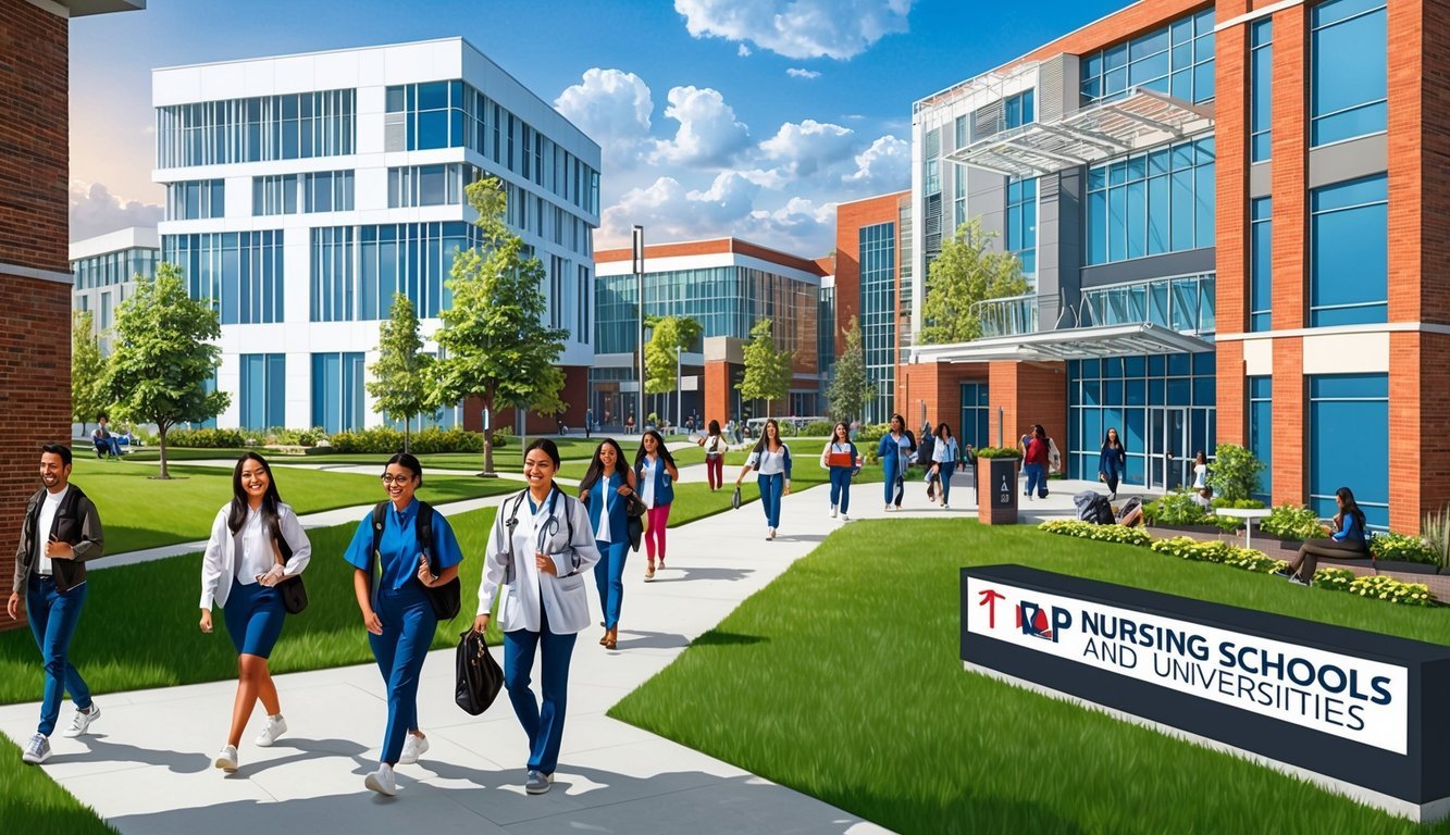 A bustling campus with modern buildings and green spaces, students walking between classes, and a prominent sign displaying "Top Nursing Schools and Universities."