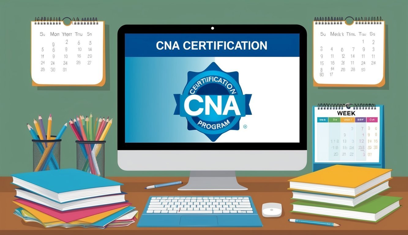 A computer with a CNA certification program on the screen, surrounded by study materials and a calendar showing 4 weeks