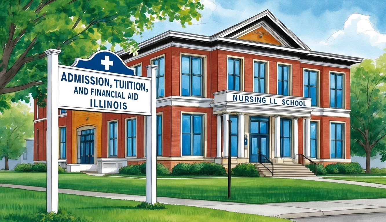 A nursing school building with a sign displaying "Admission, Tuition, and Financial Aid" in Illinois