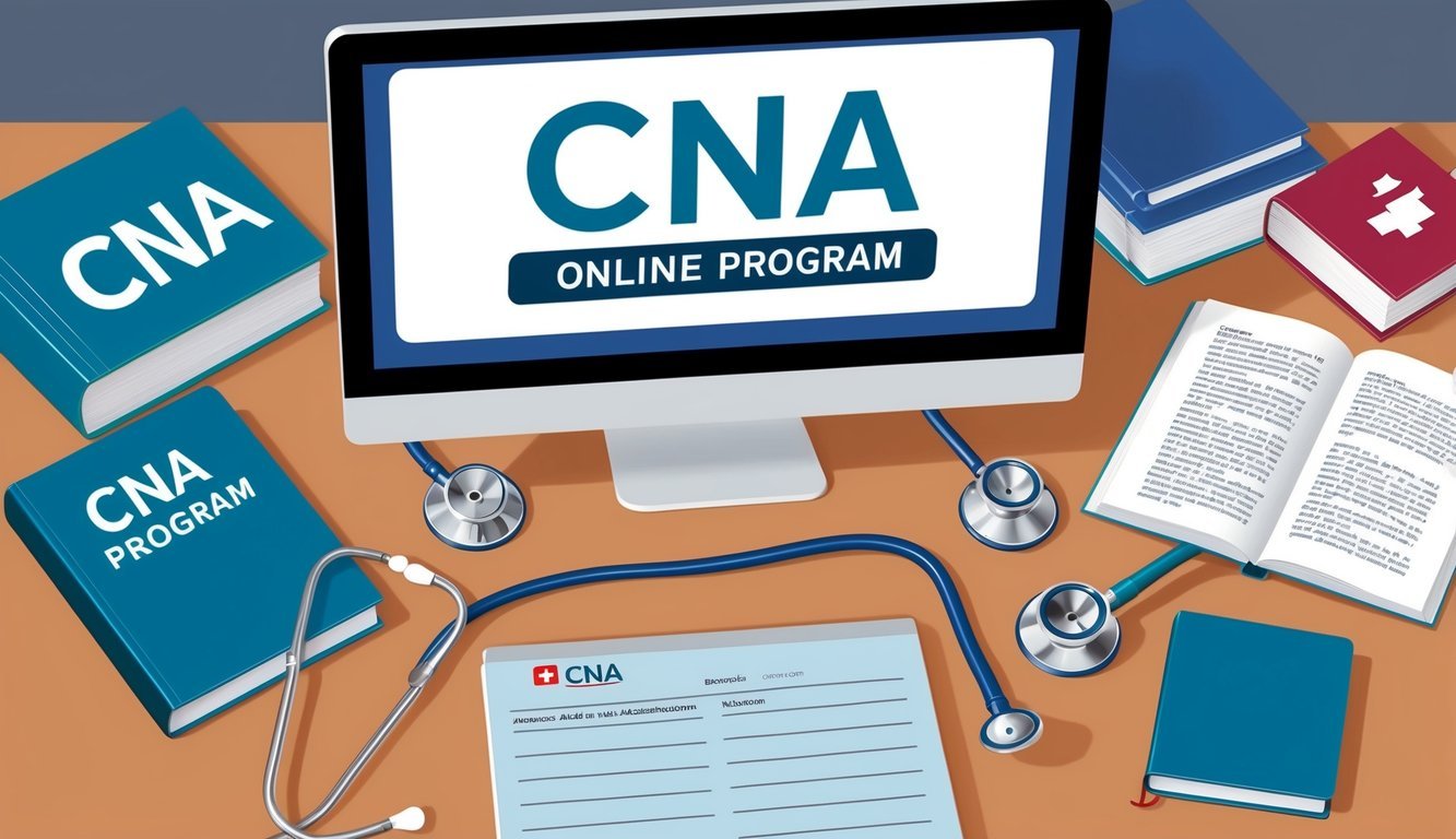 A computer with an online CNA program open, surrounded by medical textbooks and a stethoscope