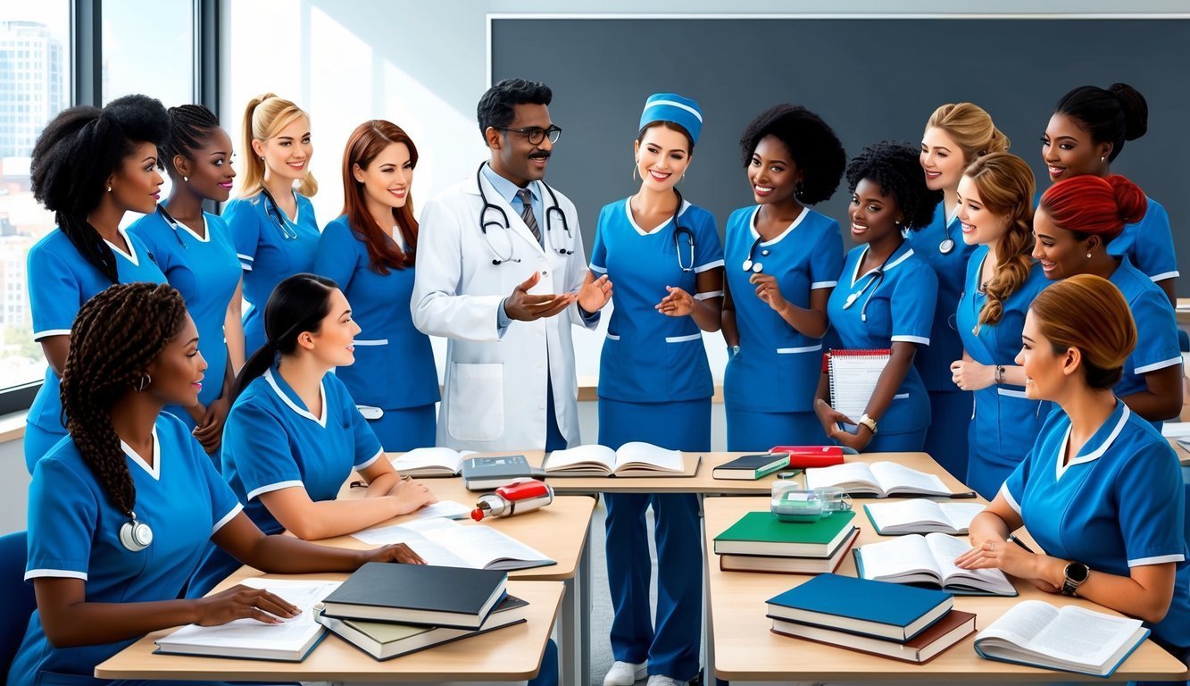 Doctor and nurses in blue scrubs studying together in a classroom