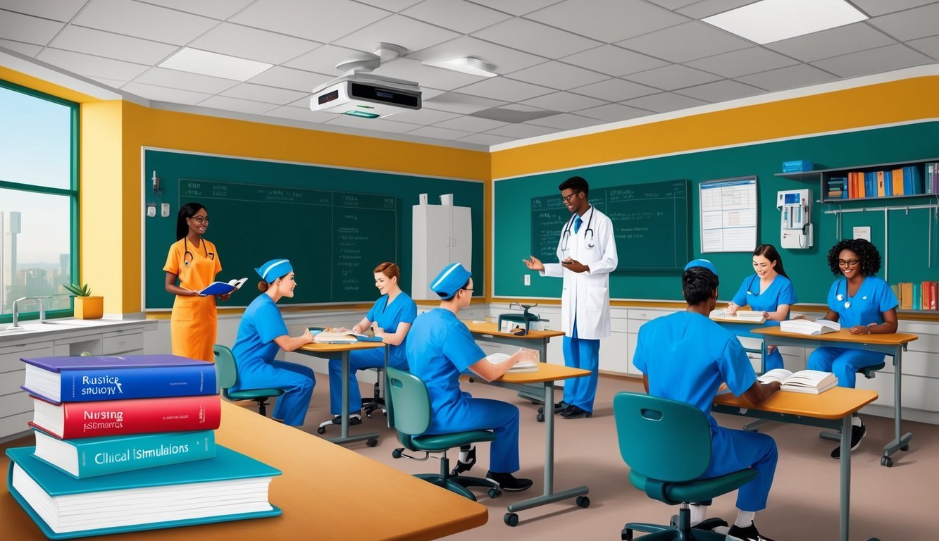 A classroom setting with nursing textbooks, medical equipment, and students engaged in clinical simulations
