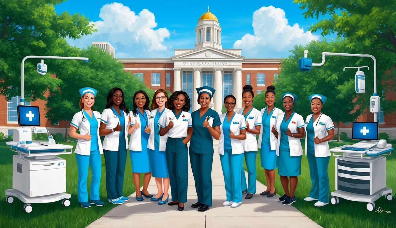 A group of nurses in Illinois celebrate their career outcomes and professional growth, surrounded by medical equipment and a university campus