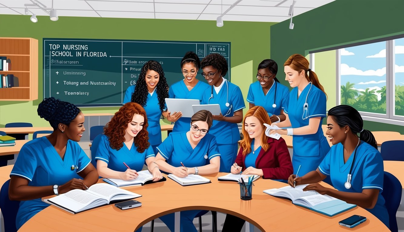 A group of nursing students studying and collaborating in a modern classroom at a top nursing school in Florida
